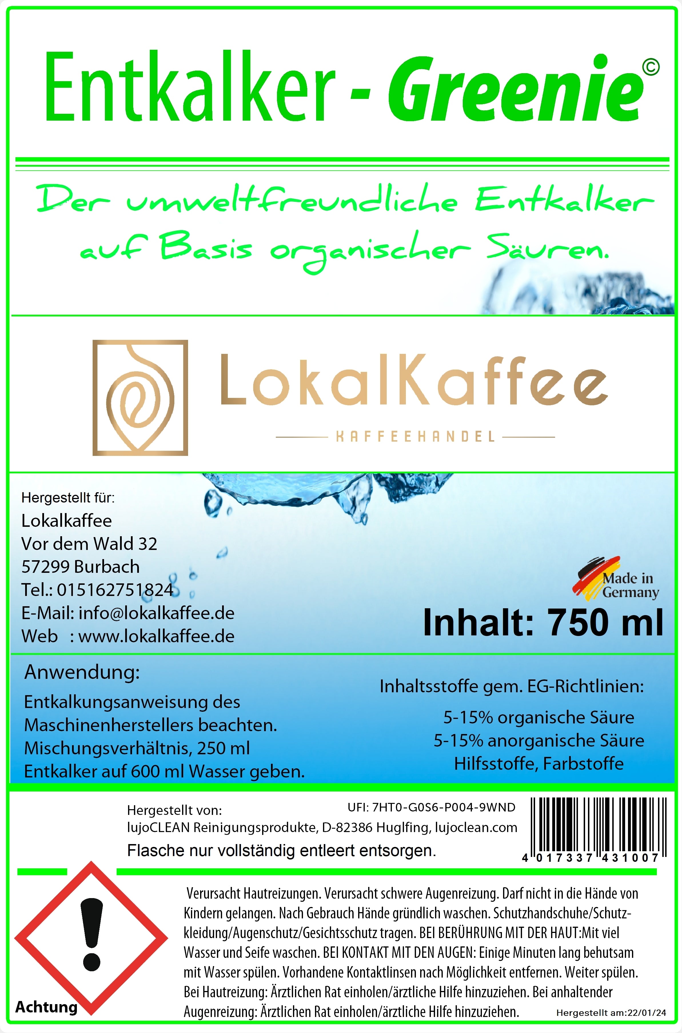 Lokalkaffee spezial Entkalker - Extra schonend für die Umwelt 750ml